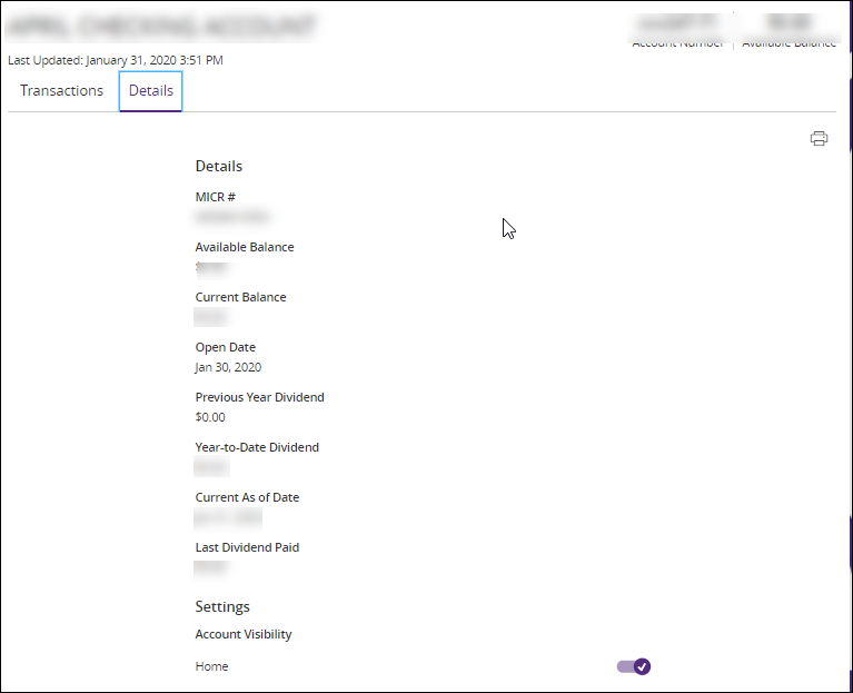 National Finance Bank Online Account Details tab screenshot